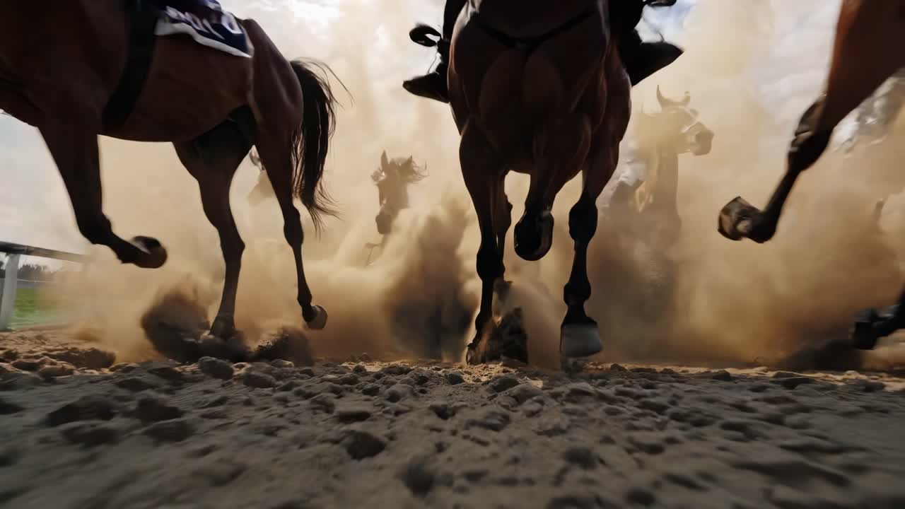 Dynamic low-angle video shot capturing galloping horses on a dusty ...