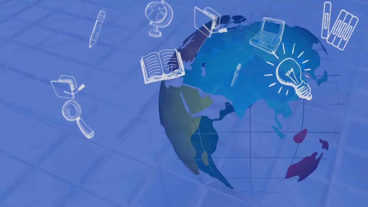 animación de iconos escolares flotando sobre un globo azul y un fondo azul