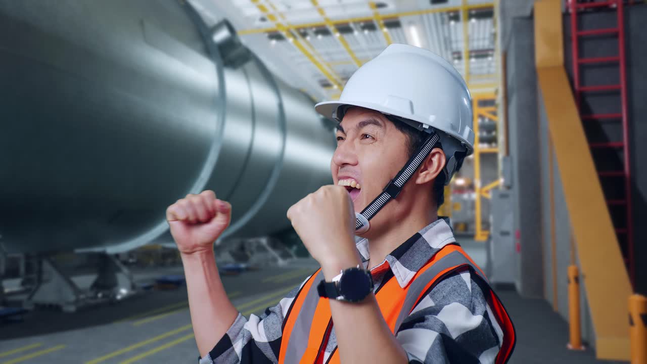안전 헬을 입은 아시아 남성 엔지니어가 파이프 제조 공장에서 일하는 것을 축하하는 골을 비명을 지르고 있습니다.