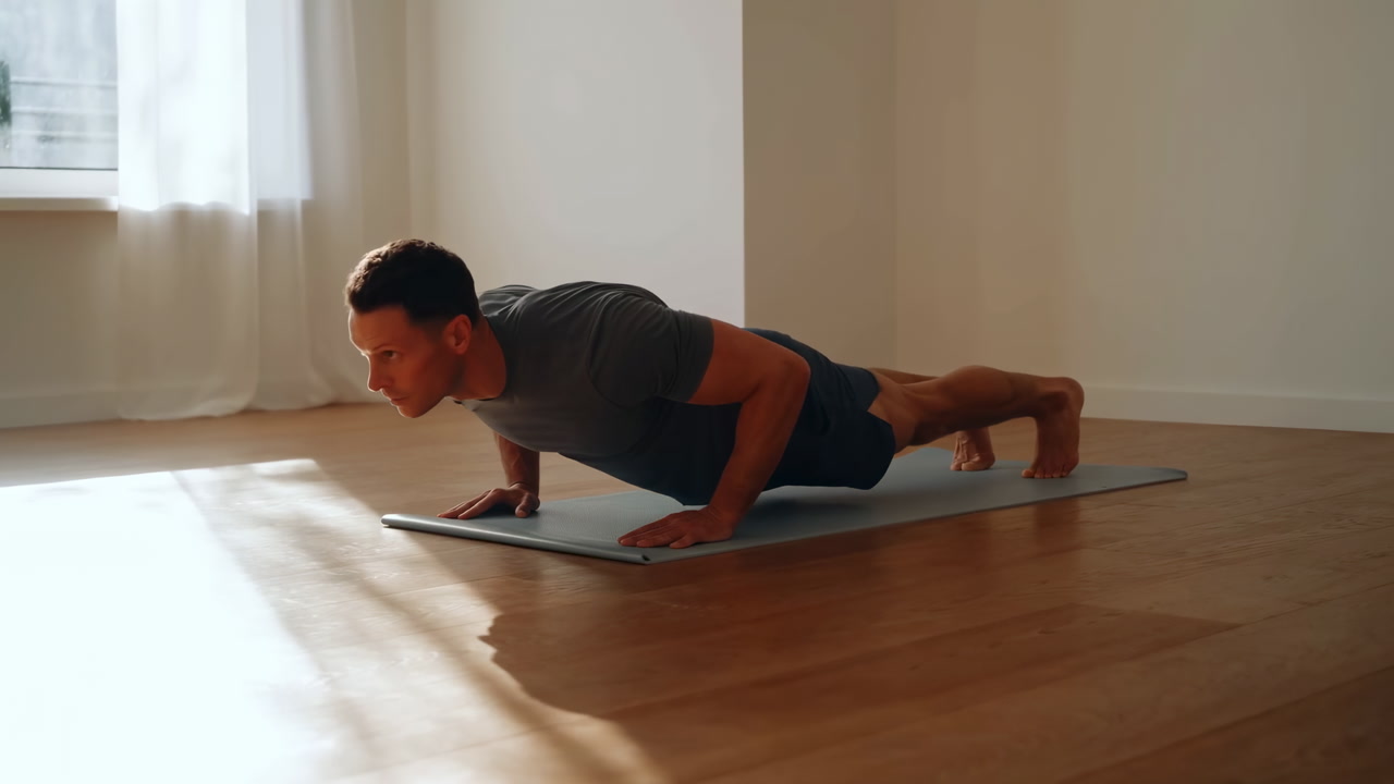 Man Doing Pushups On Mat In Sunlit Living Room, Progressive Pushup Sequence Showing Controlled Descent