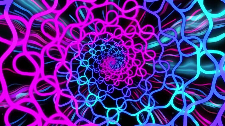 Animação de rastros de luz neon roxos e rosa e malha sobre fundo preto