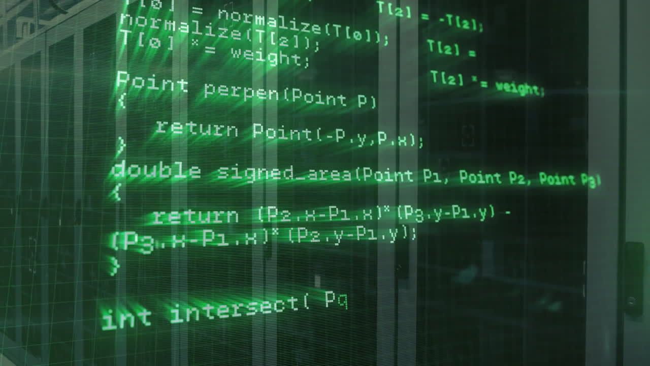 Data processing and computer code animation over glass windows in modern building