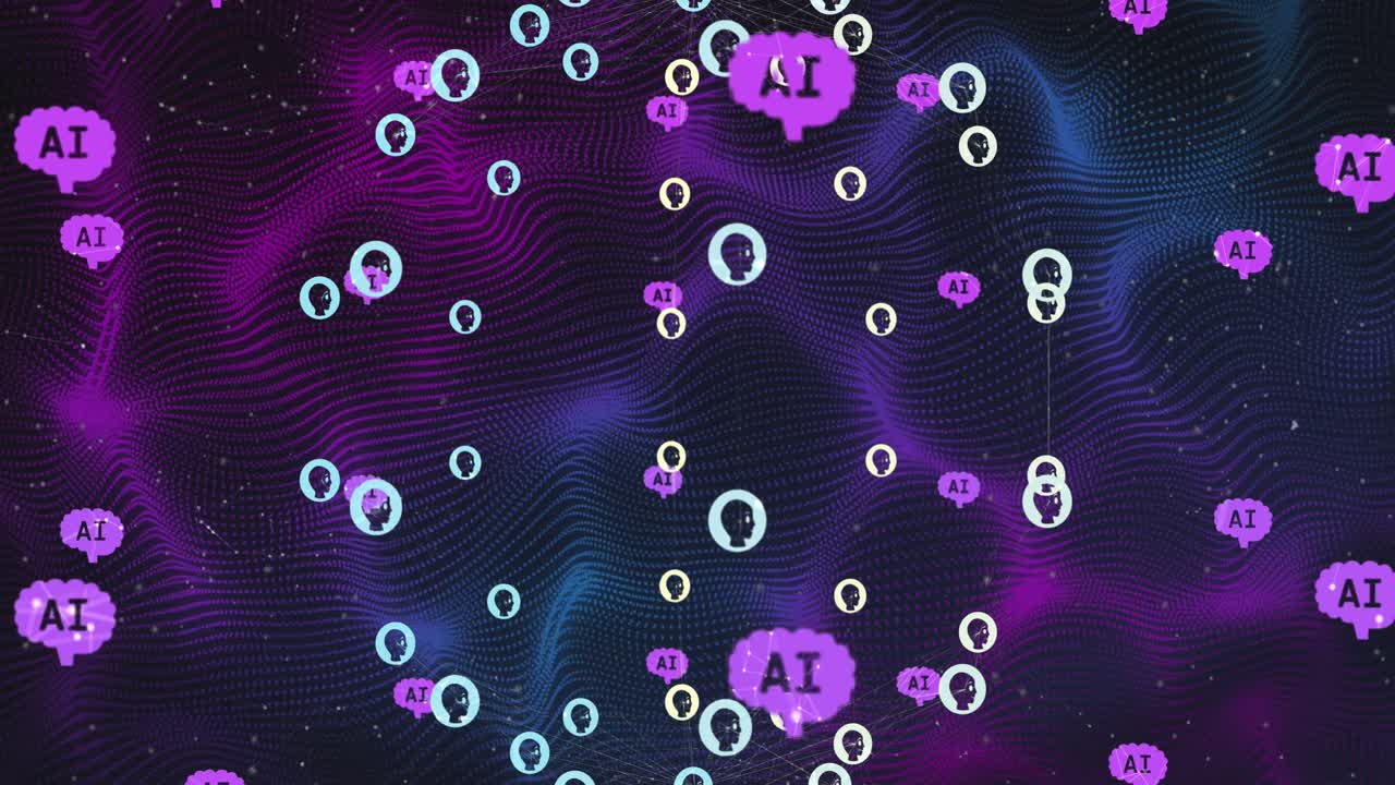 animación de un procesamiento de datos, iconos de chat y red de conexiones en senderos brillantes