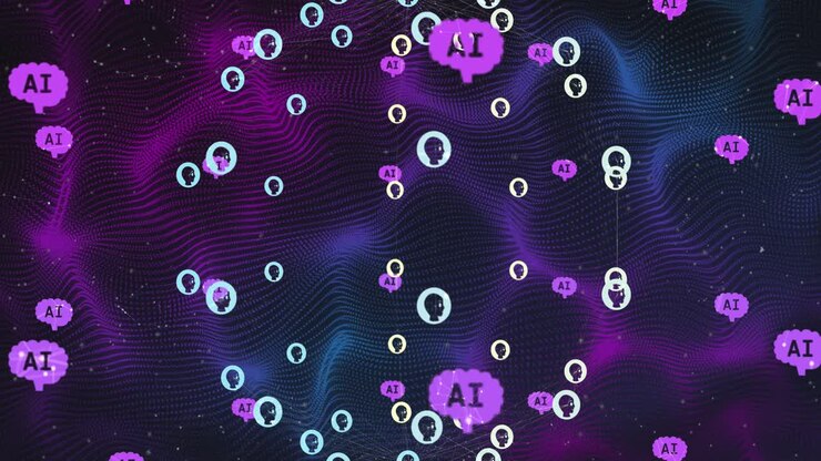 Animazione di elaborazione dati AI, icone di chat e rete di connessioni su scie luminose