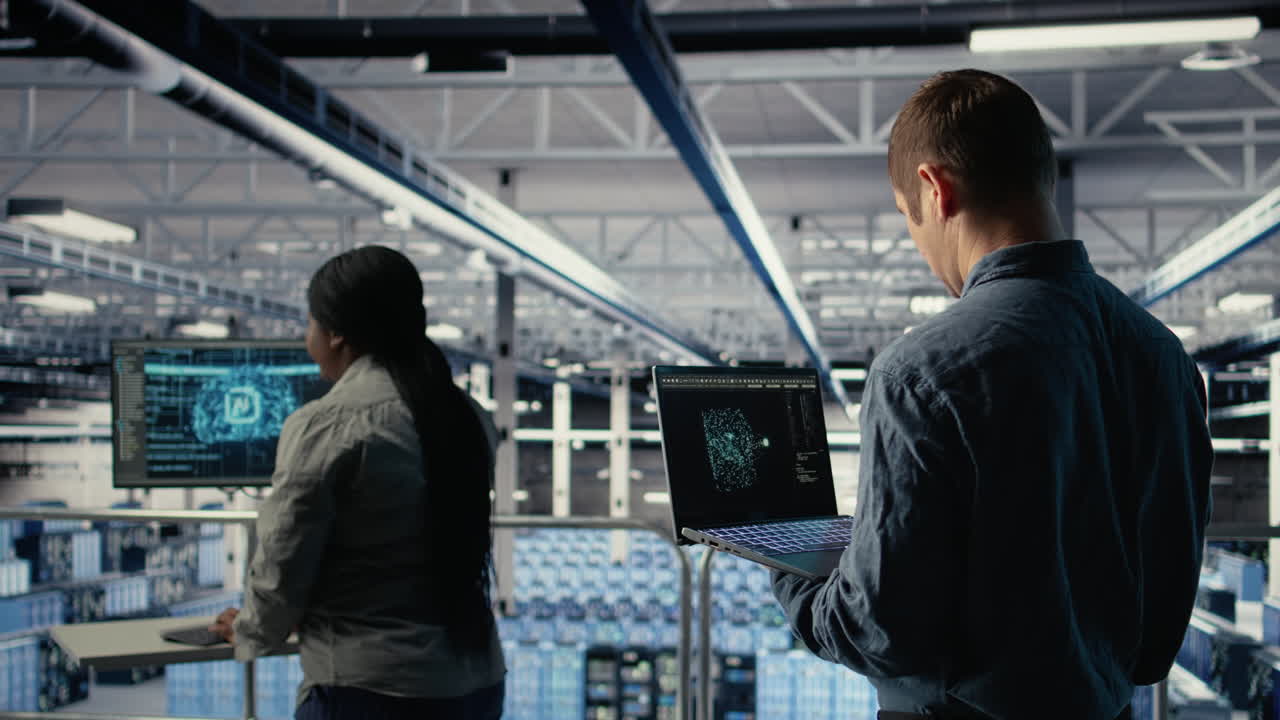 Software Developer In Data Center Checks Ai Dashboard Using Laptop