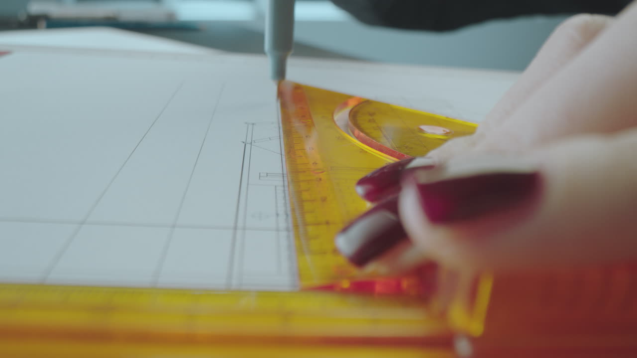 Architect Using Ruler on Blueprint