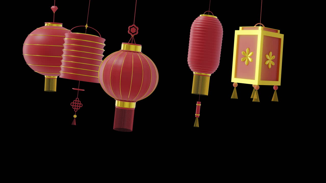 animación de lámparas rojas chinas colgando con espacio de copia en fondo negro