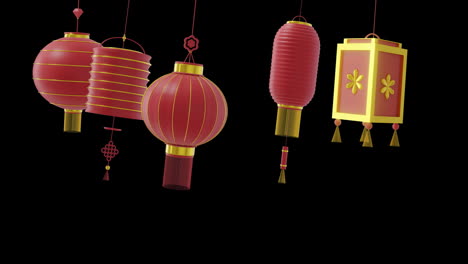 Animation-Chinesischer-Roter-Lampen,-Die-Mit-Kopierraum-Auf-Schwarzem-Hintergrund-Hängen