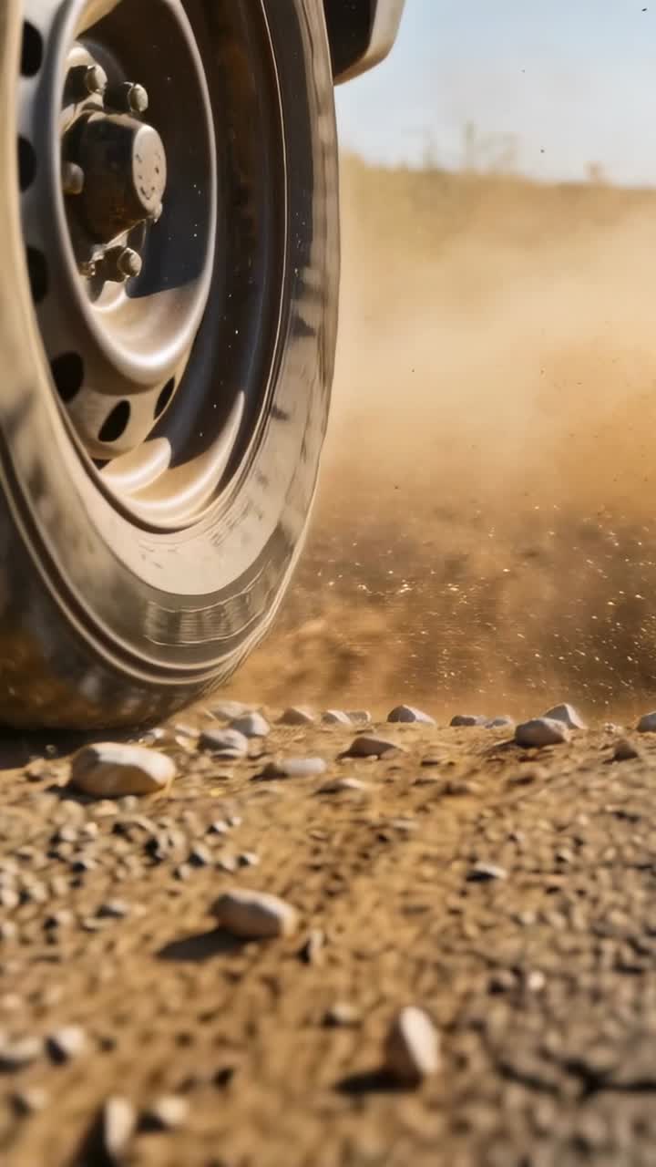 Video verticale: Mozzo di pneumatico che rotola e colpisce il terreno, sollevando sassi e polvere su una strada sterrata, con spazio per il testo.