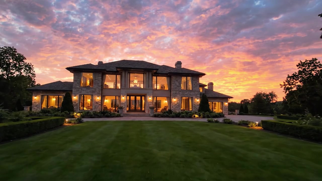 Stunning Sunset Over Elegant Mansion Surrounded by Lush Greenery, Capturing the Beauty of Architecture Against a Vibrant Sky in Golden Hour