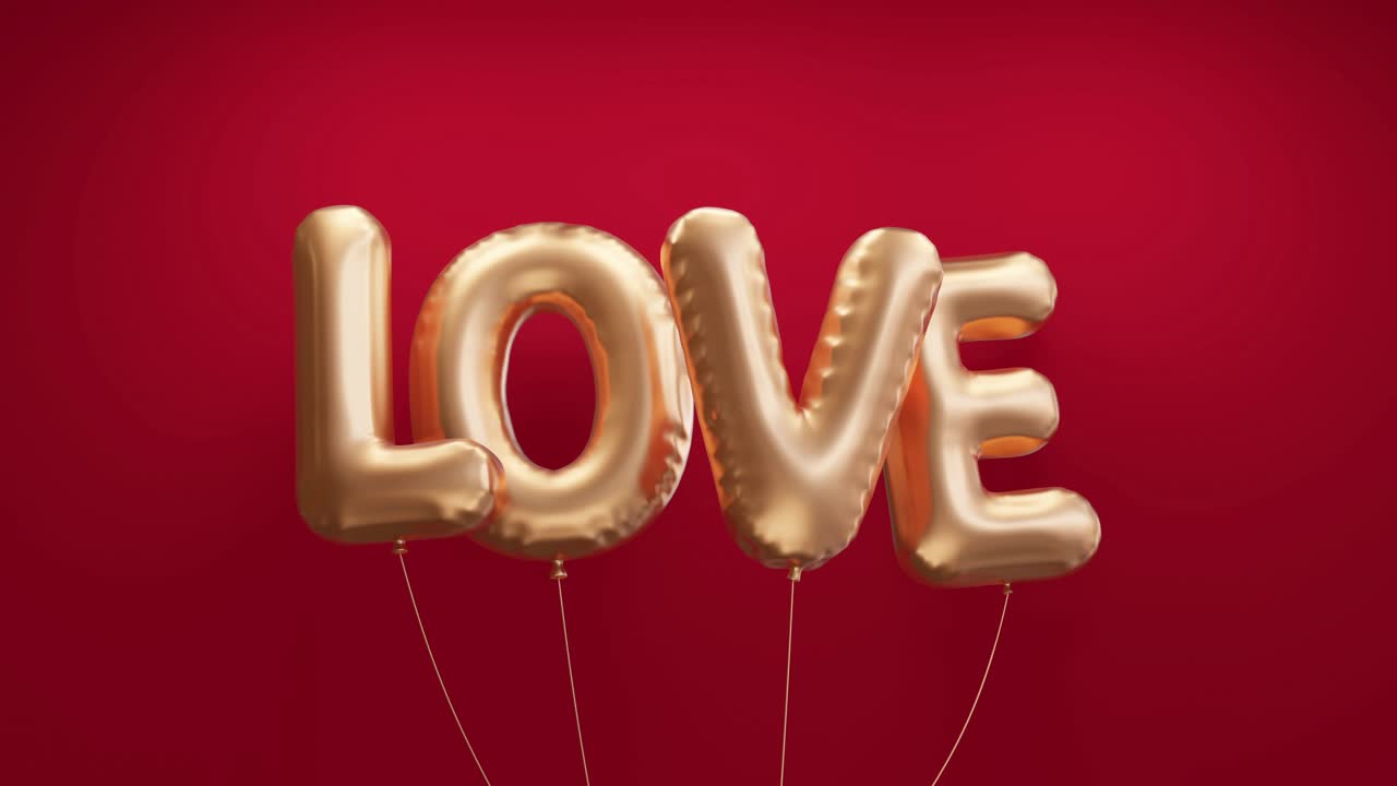 A golden balloon with the word "love" floats above a red background,