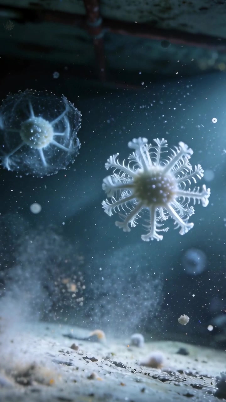 Video verticale: Polipo trasparente alla deriva che ruota e solleva sedimenti sopra il fondale marino, illuminato da un fascio di luce da destra.