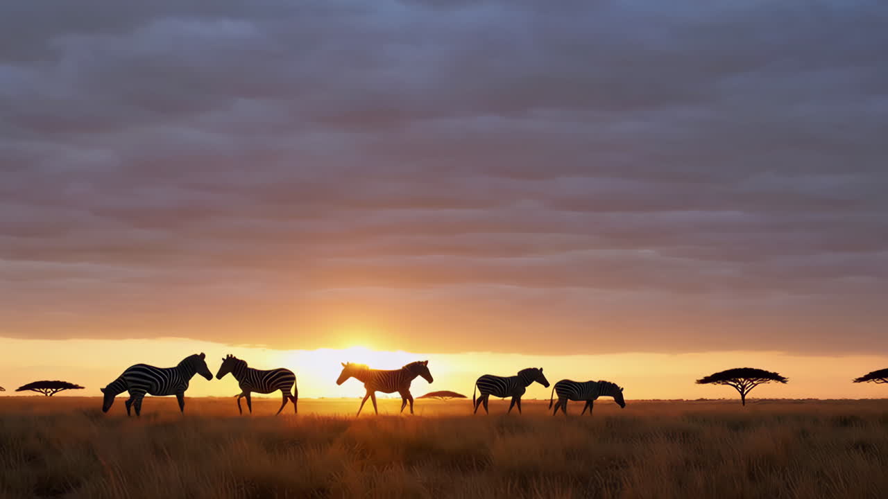 Zebror vid soluppgång/solnedgång på den afrikanska savannen