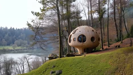 a tree house in the middle of a forest next to a lake