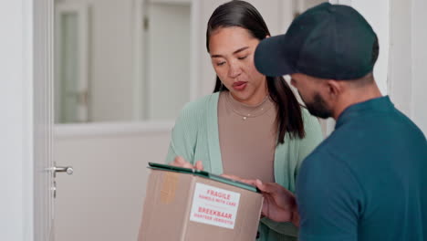 tablet, woman sign and delivery man on door knock