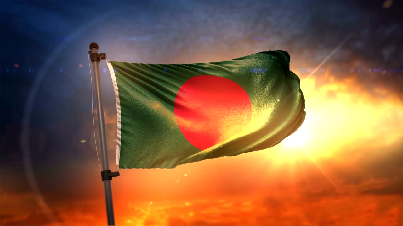 bandera de bangladesh retroiluminada en el hermoso amanecer bucle cámara lenta 4k