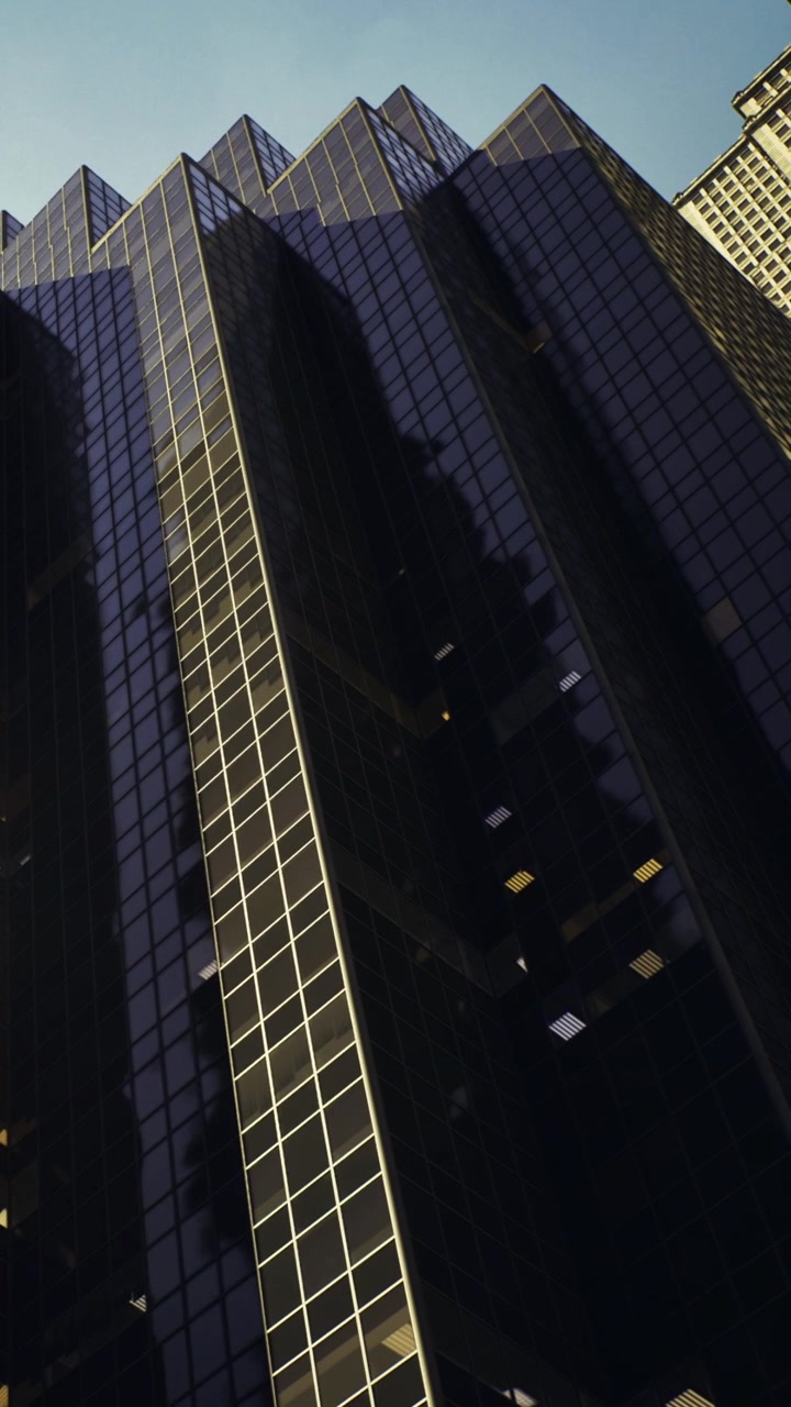 Tall glass building reflecting sunlight in a city downtown area