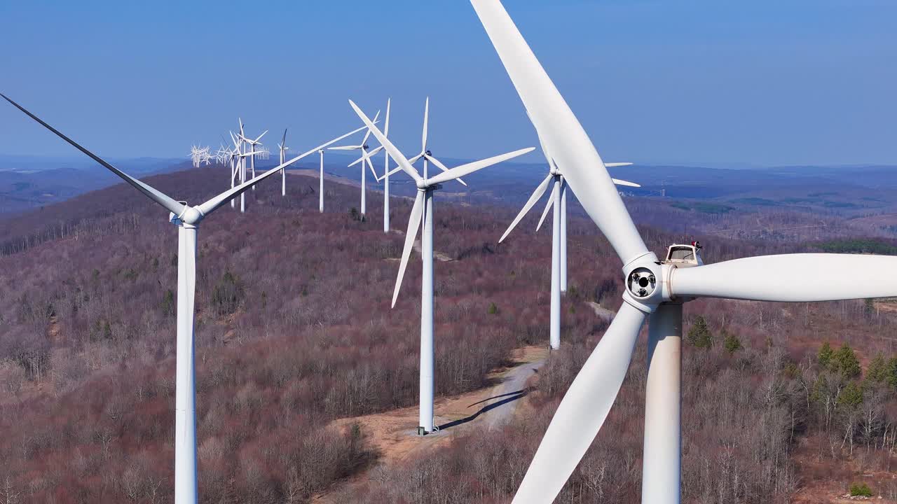 Aerial view of Wind turbines on ridge at Mountaineer Wind Energy Center, Thomas, West Virginia