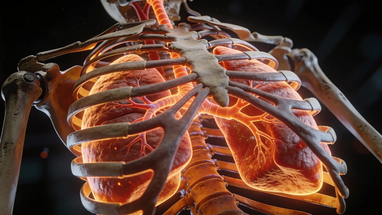 Allontanando la telecamera, un modello 3D del torace mostra polmoni pulsanti e una gabbia toracica luminosa per una rivelazione anatomica.