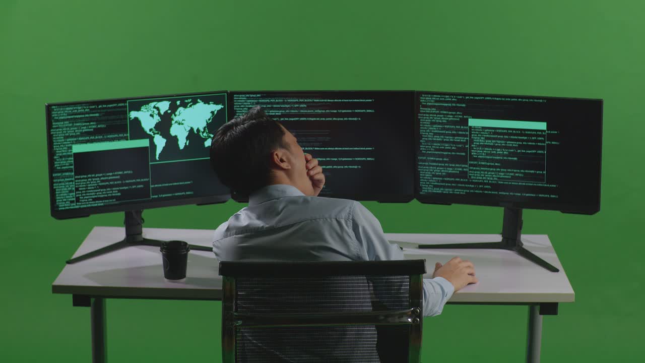 Back View Of Tired Asian Man Developer Yawning While Write Code With Multiple Computer Screens In Green Screen Studio