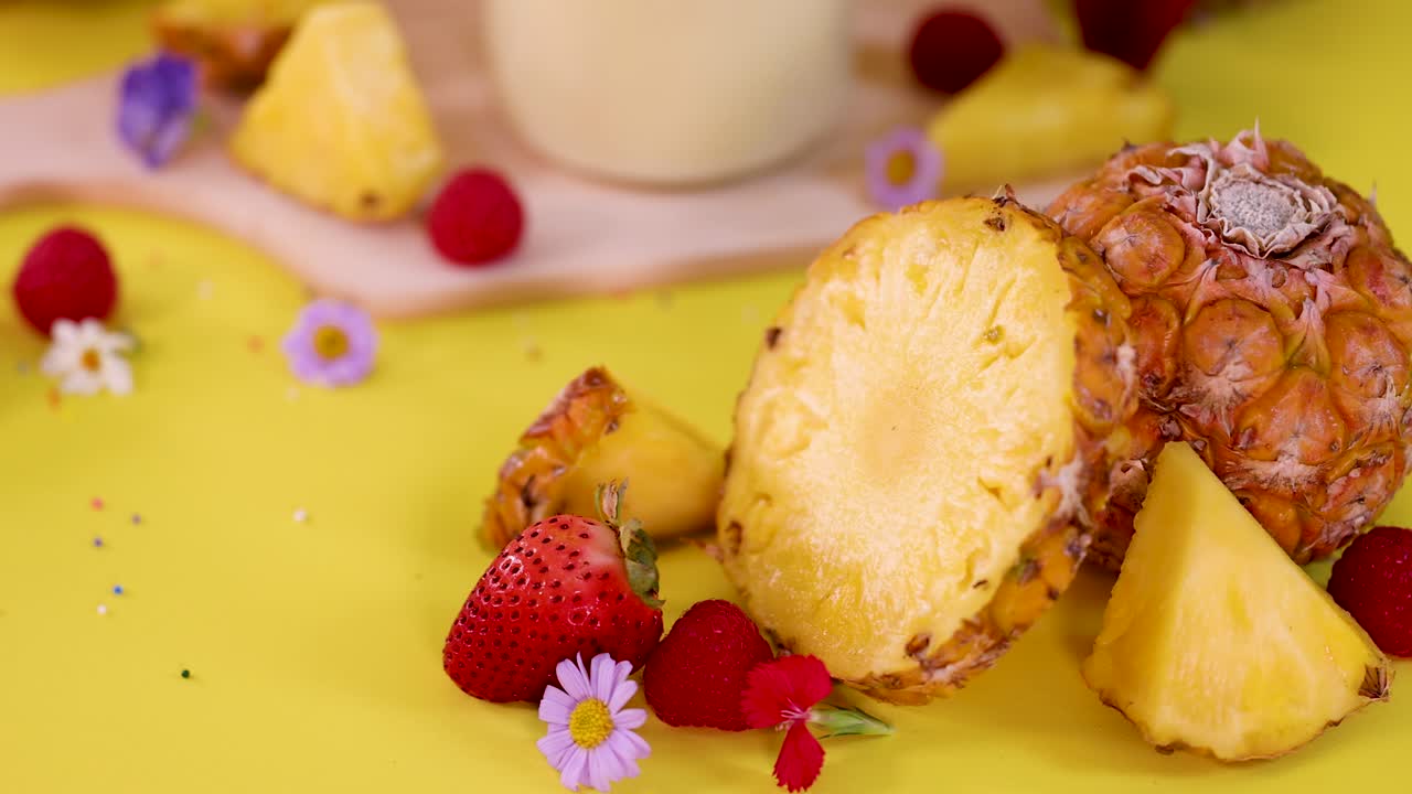 Fresh pineapple, strawberries, raspberries, and flowers arranged on yellow surface, camera slowly panning