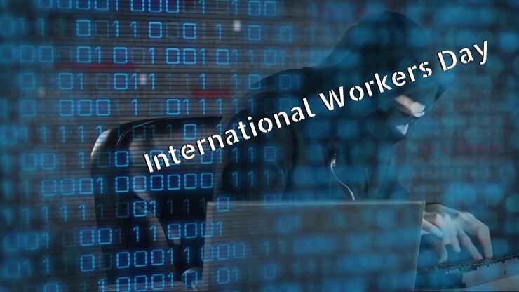 International workers day text and binary coding against caucasian male hacker using a computer