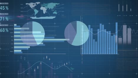 animation of statistical data processing over grid network against blue background