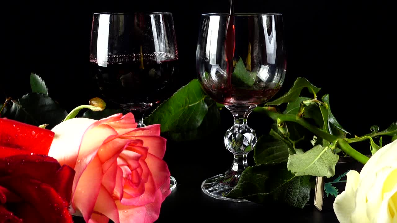 Taças de vinho e rosa contra o fundo de guirlandas brilhantes