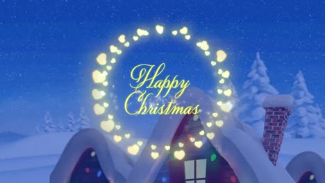 Animation-of-christmas-greetings-text-with-fairy-lights-over-winter-scenery