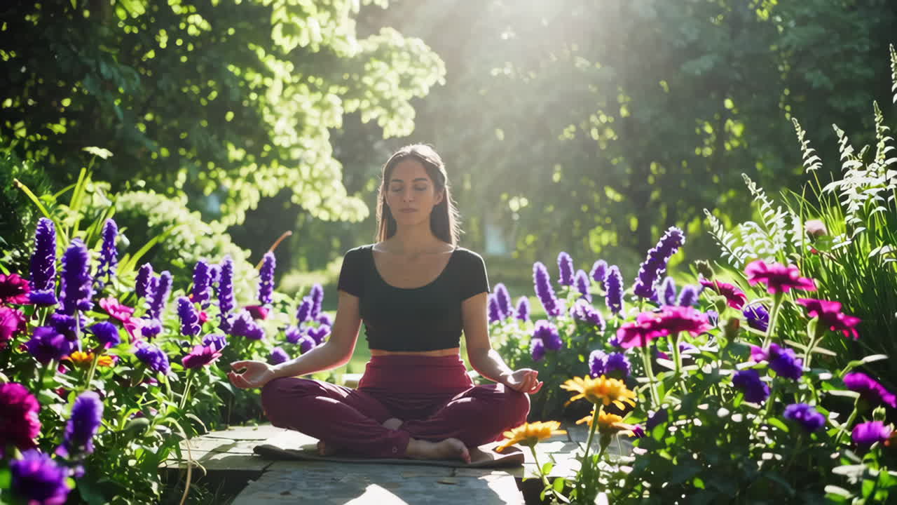 Woman meditating in a beautiful garden