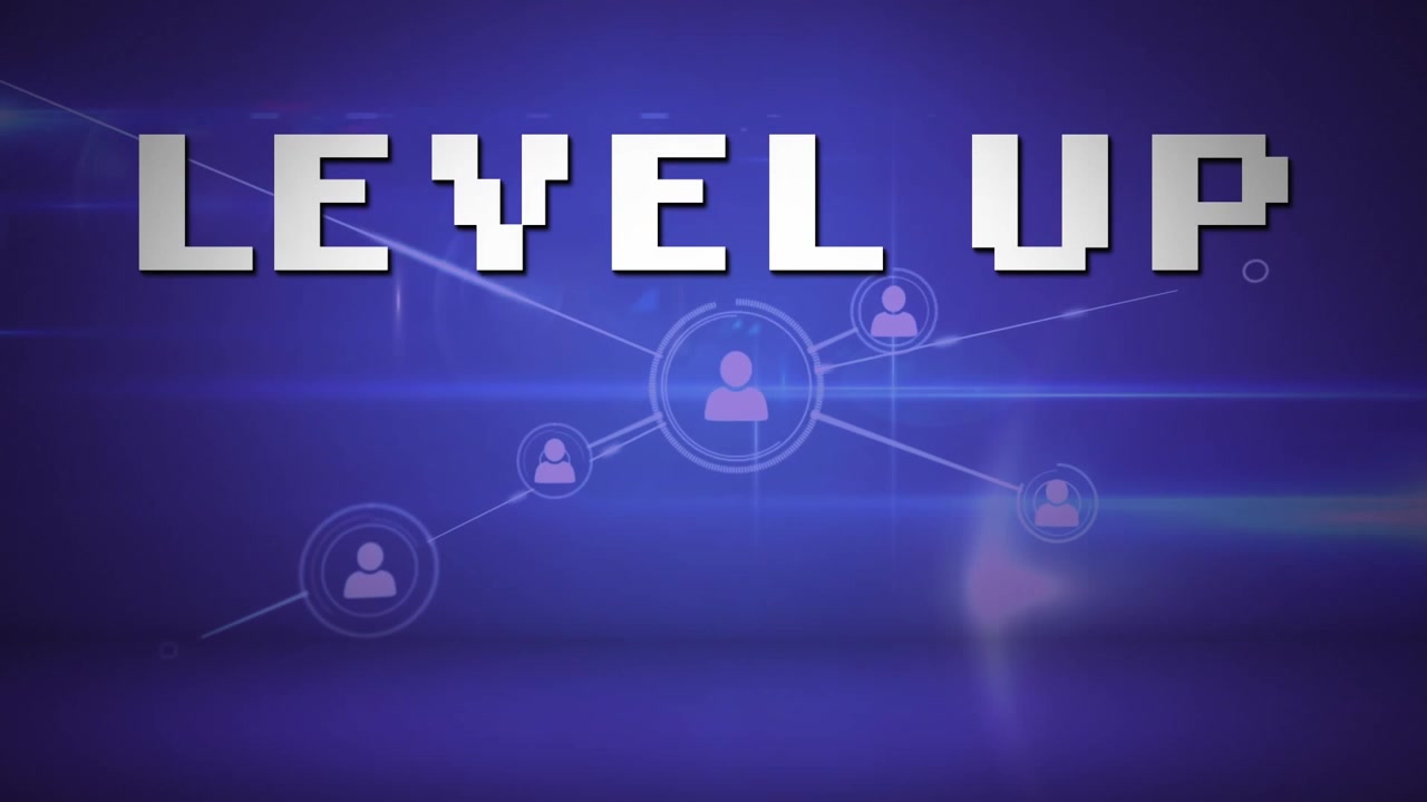 Animation of level up text over network of connections on blue background