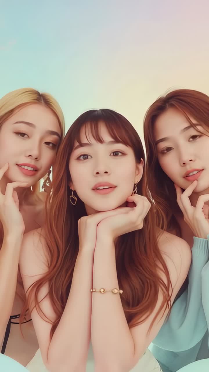 Vertical video: Camera zooming on friends smiling in studio, pastel balloons gradient backdrop