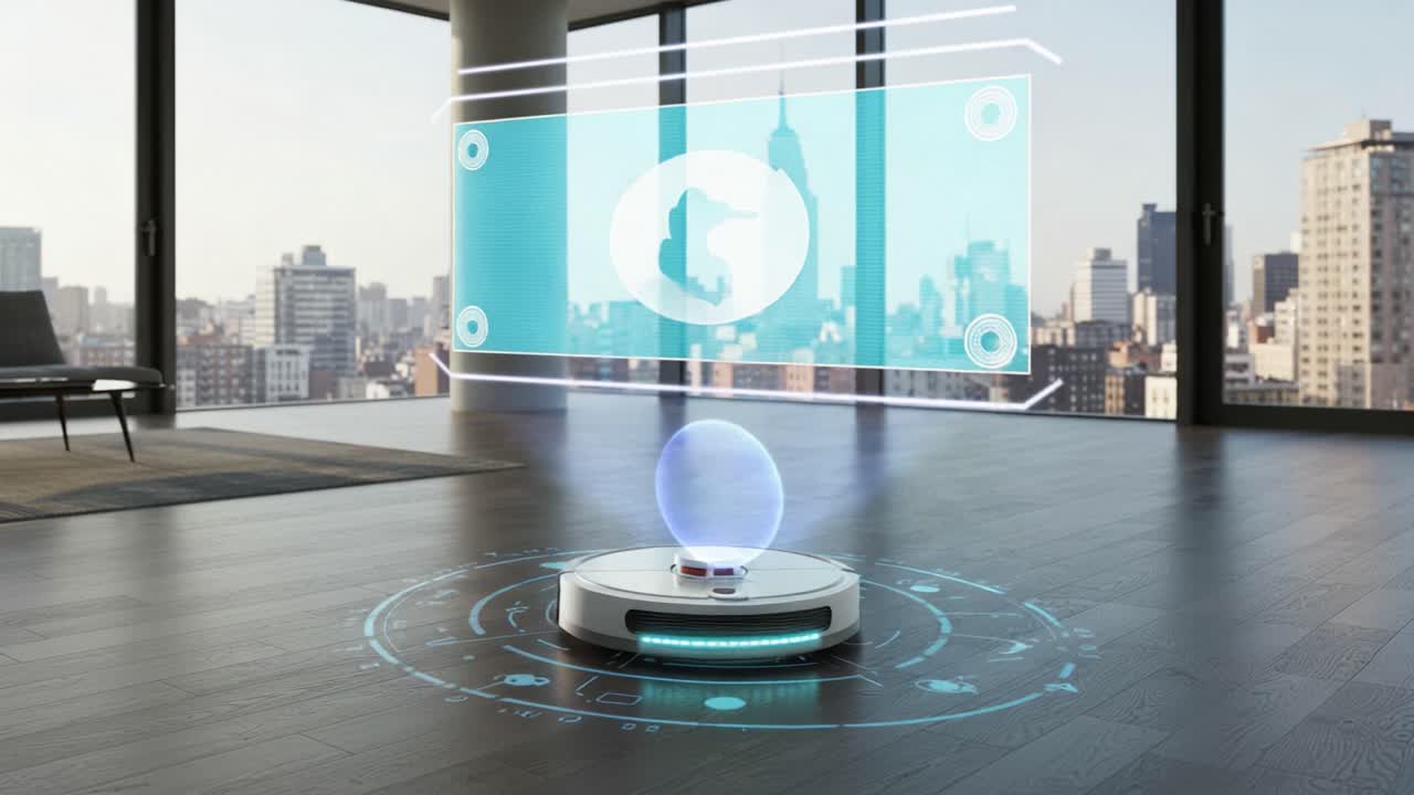 Futuristic Robot Vacuum in Urban Space with Holographic Interface Showcasing Smart Technology and Cityscape View, Representing Modern Cleaning Solutions and Innovations