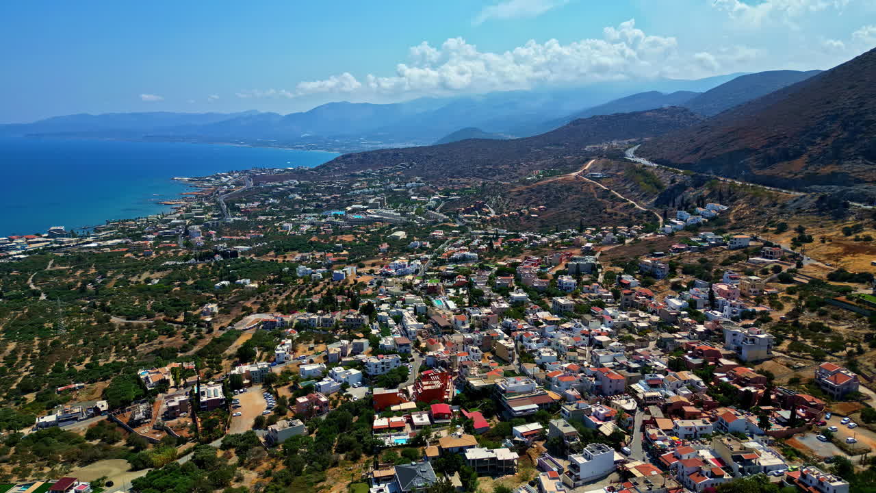 Aerial view of Coastal town of Greece Piskopiano mountain and beach summer coast