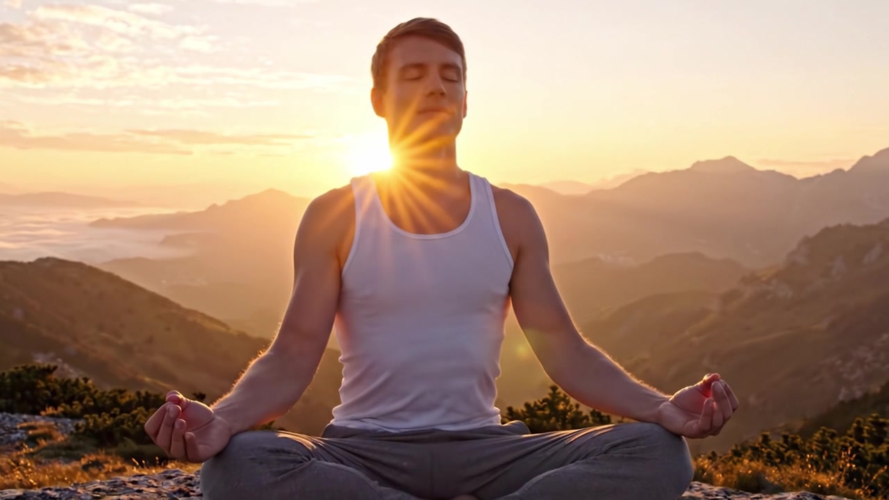 A Serene Evening Meditation: Experiencing Tranquility as the Sun Sets Over Majestic Mountains, Inviting Inner Peace and Reflection Amidst Nature's Beauty.