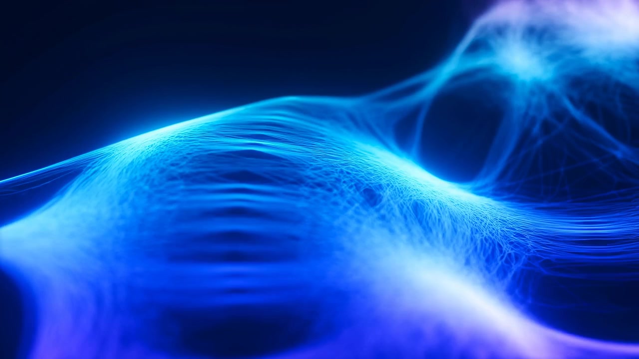 Fine neon-blue strands sweep over curved surfaces while bright mesh contours shift across rounded forms, revealing deep oval openings, soft violet highlights, and layered flowing depth.