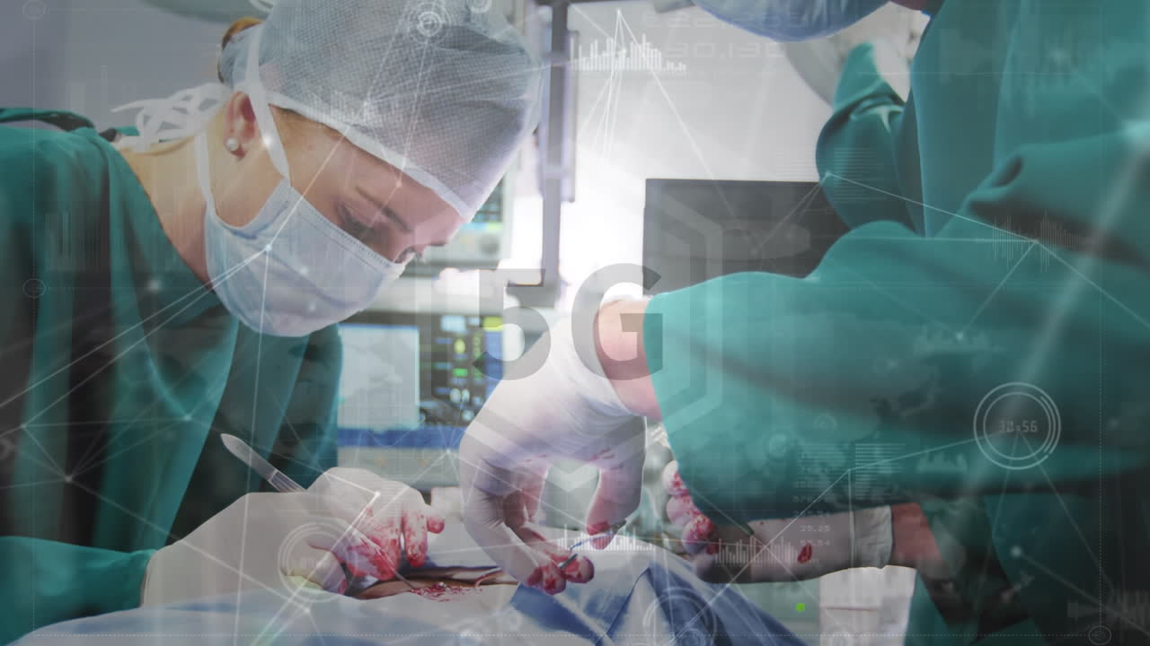 병원에서 수술을 하는 백인 남녀 외과 의사들에 대한 연결망