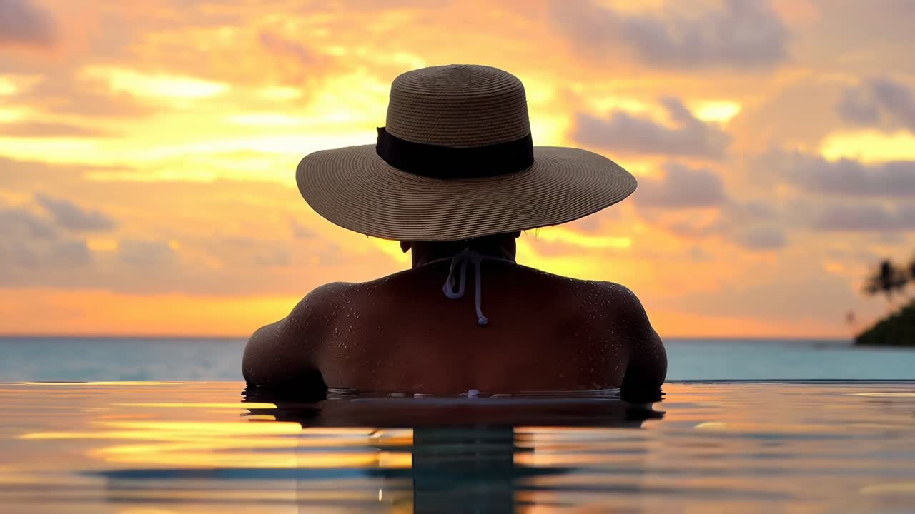 Back view of a person in a pool at sunset, wearing a hat