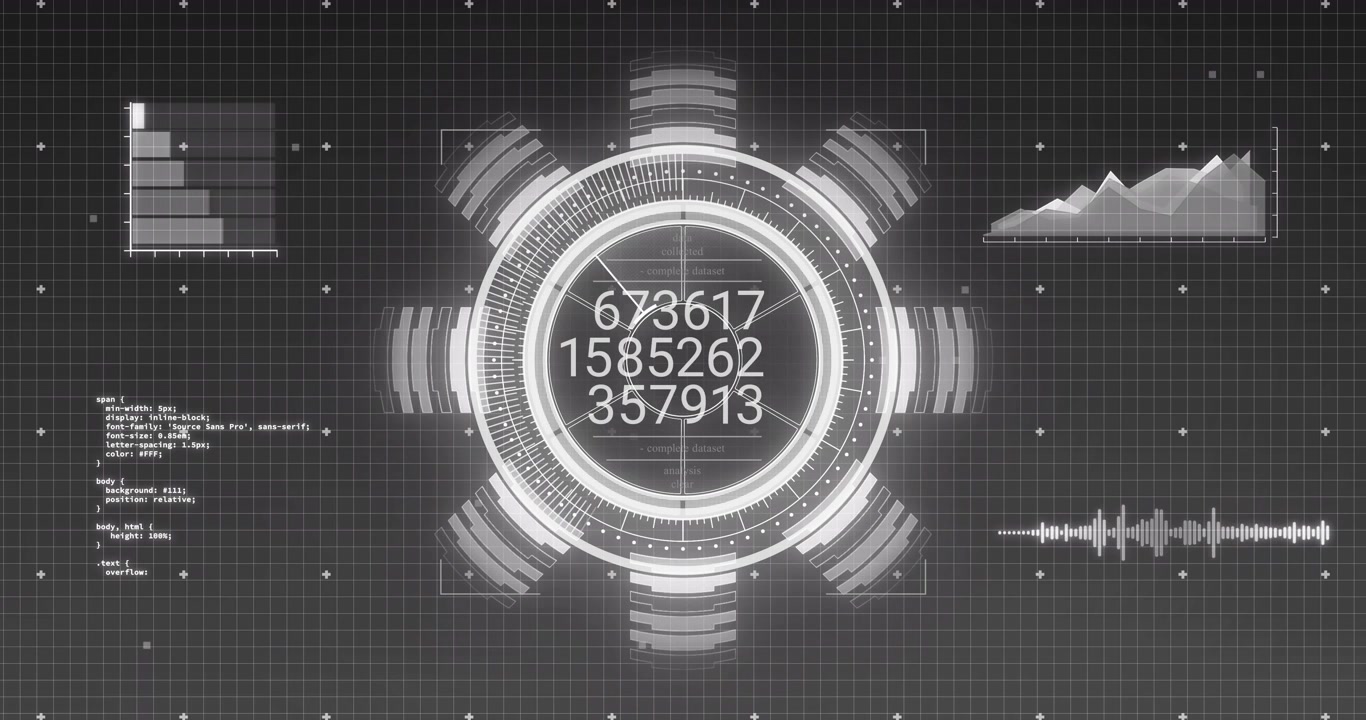 After grid display appearing, HUD ring rotating as bars rising, numbers updating for live metrics
