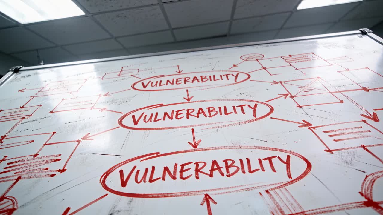 Clip starting camera tilting up, zooming to office whiteboard showing red VULNERABILITY diagram