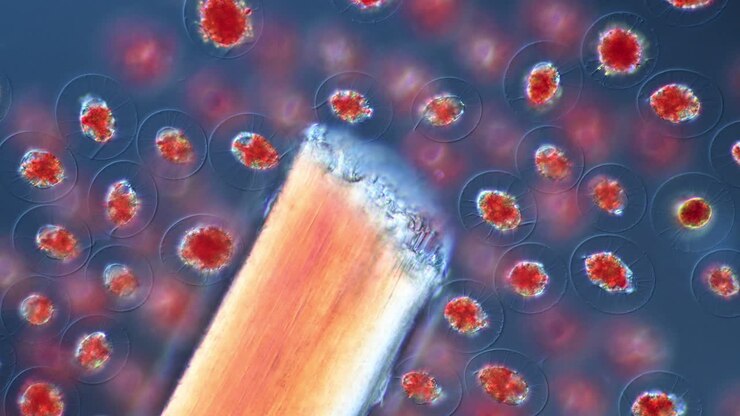 Microscopic View of Red Algae or Plankton with Unidentified Fiber