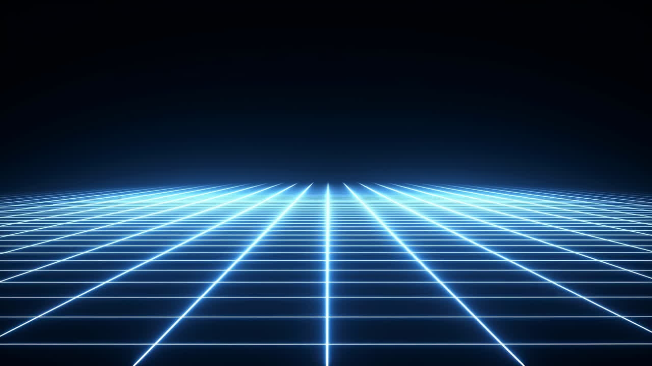 Neon Grid Floor With Glowing Horizon, Retro Futuristic Scene Of Blue Illuminated Lines Receding Into Dark