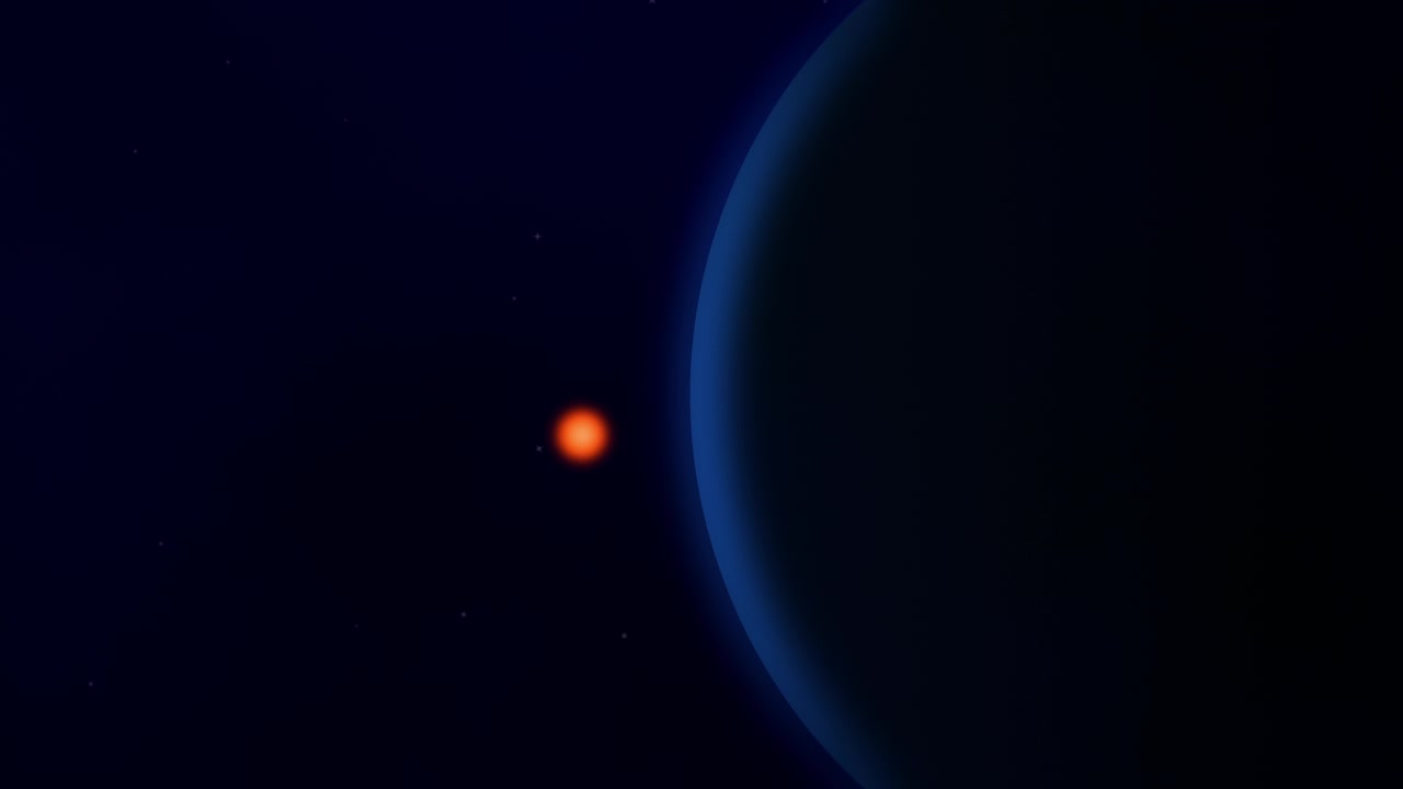 A glowing red dwarf rises behind a massive blue planet, drifting steadily in orbit across a star-filled cosmic background.