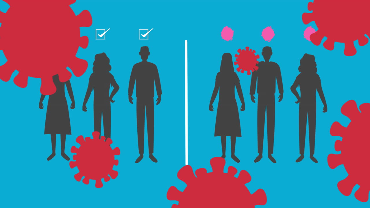 코로나19 세포 아이콘과 사회적 거리를 유지하는 사람들의 실루 ⁇
