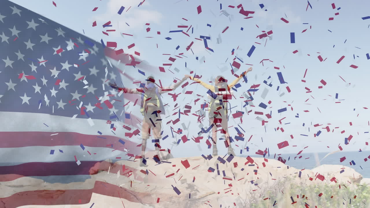 animação de bandeira americana e confeti movendo-se sobre casal alargando os braços