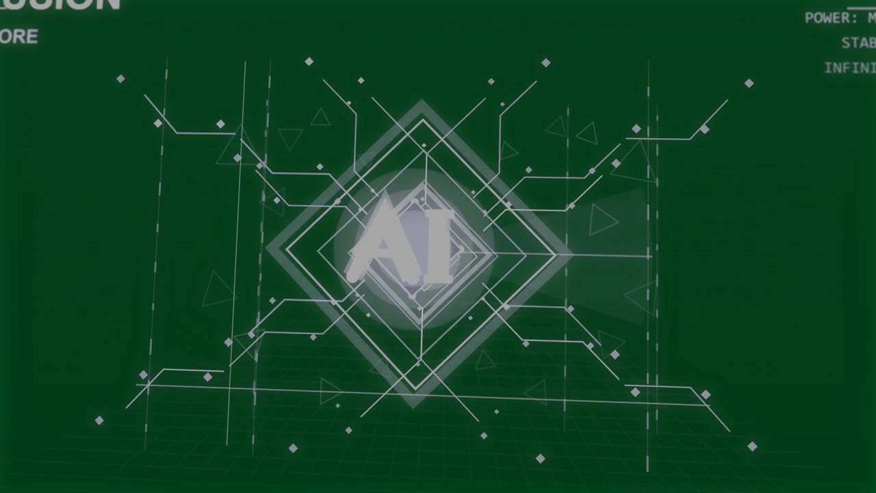 Impulso che avvia l'emblema del nucleo AI, con tracce ramificate pulsanti e rotanti su sfondo trasparente che segnalano potenza.