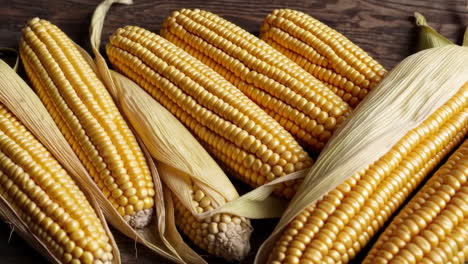 hand touching ears of fresh corn on a wooden table