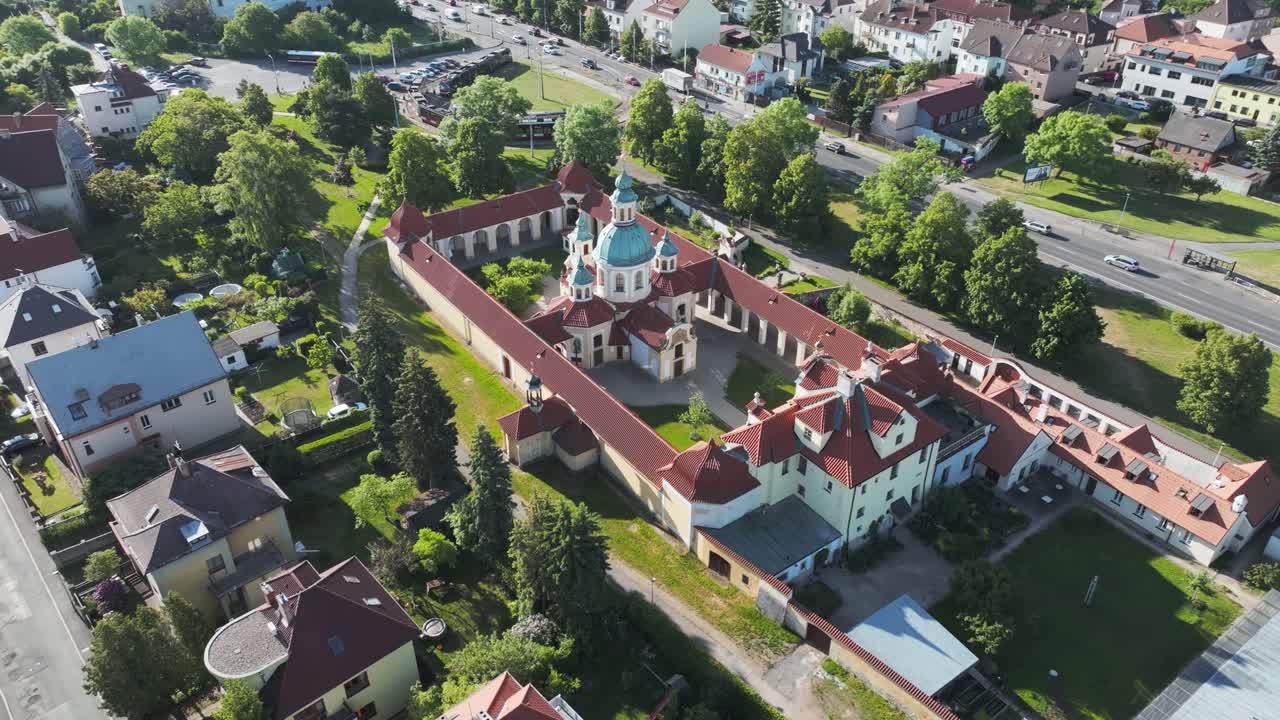 Drone Shot, Pilgrimage Church of Our Lady Victorious, B&iacute;l&aacute; Hora, Monumental Landmark of Prague, Czech Republic