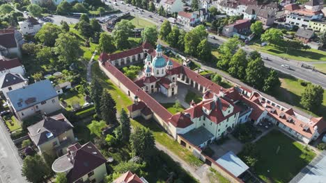 drone shot, pilgrimage church of our lady victorious, bílá hora, monumental landmark of prague, czech republic