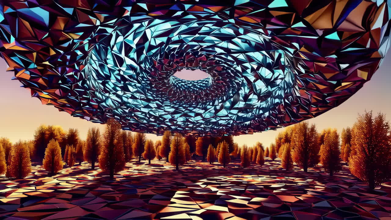 Abstract Crystalline Ring Hovering Over a Surreal Forest Landscape